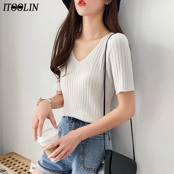 ITOOLIN Fashion V-Neck Knited Pullover Female Solid Loose Tops Casual Half Sleeve Striped Shirts For Women 2020 Summer Autumn
ITOOLIN Fashion V-Neck Knited Pullover Female Solid Loose Tops Casual Half Sleeve Striped Shirts For Women 2020 Summer Autumn