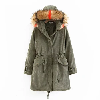 

Women Winter Green Hooded Parka Corduroy Black Warm Jacket Female Faux Collar Red Coat 2018 New Arrival abrigos mujer invierno