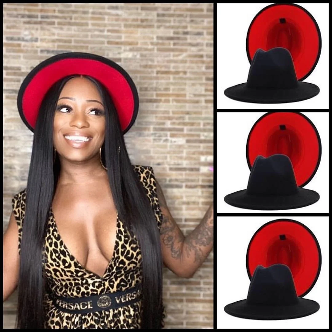 

New Unisex Black Red Patchwork Wool Felt Fedora Cap Men Women Flat Brim Blend Top Jazz Hats Panama Trilby Vintage Hat 58cm 60cm