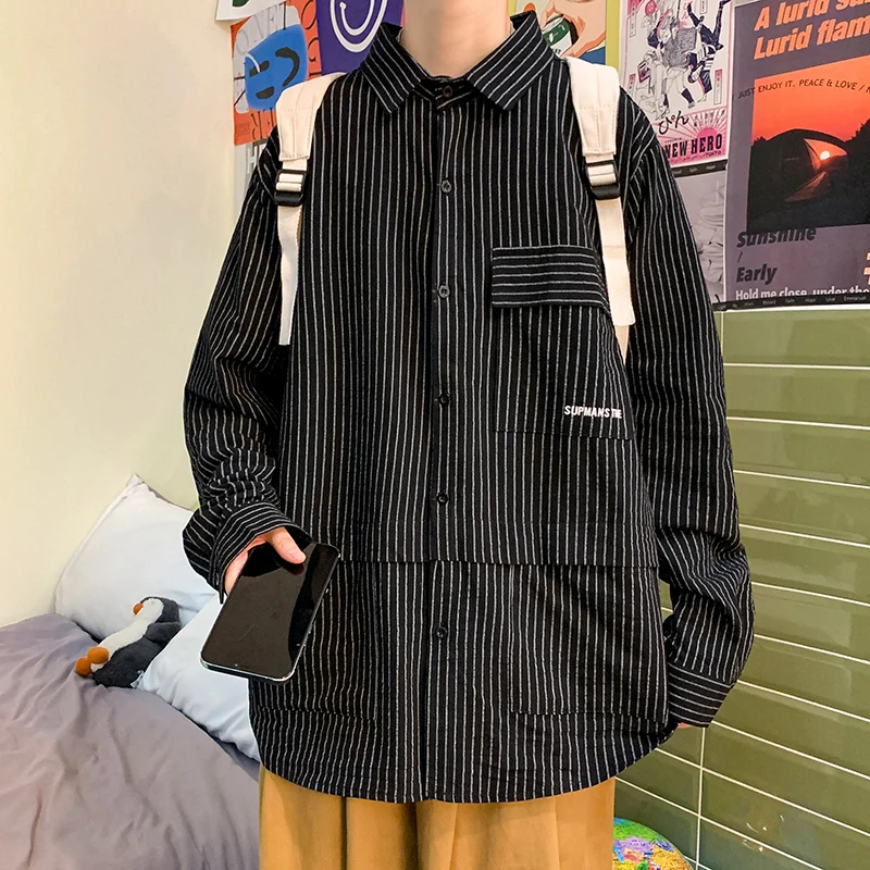 

Men's Oversize Striped Shirt 2021 Fashion Korean Streetwear Woman Loose Long Sleeve Shirt Tops Male Clothing Harajuku
