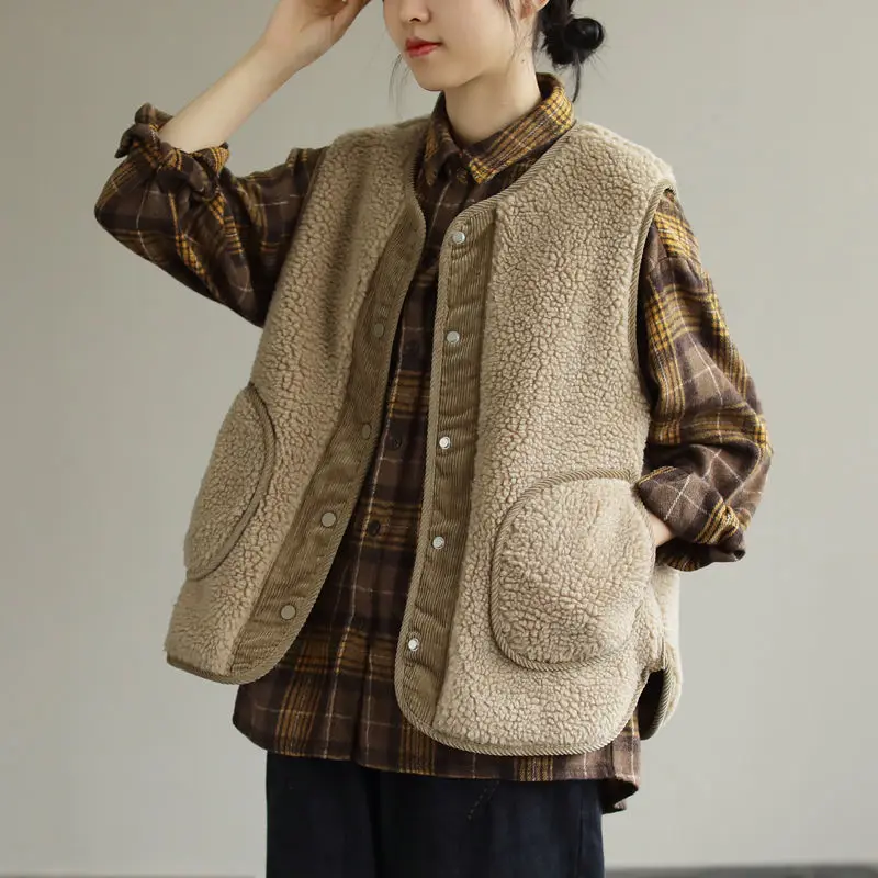 Fall Winter 2021 New Retro French Lamb Wool Women's Vest Warm Thickened Outwear Loose Sleeveless Vest with Pockets Jacket Women
Fall Winter 2021 New Retro French Lamb Wool Women's Vest Warm Thickened Outwear Loose Sleeveless Vest with Pockets Jacket Women