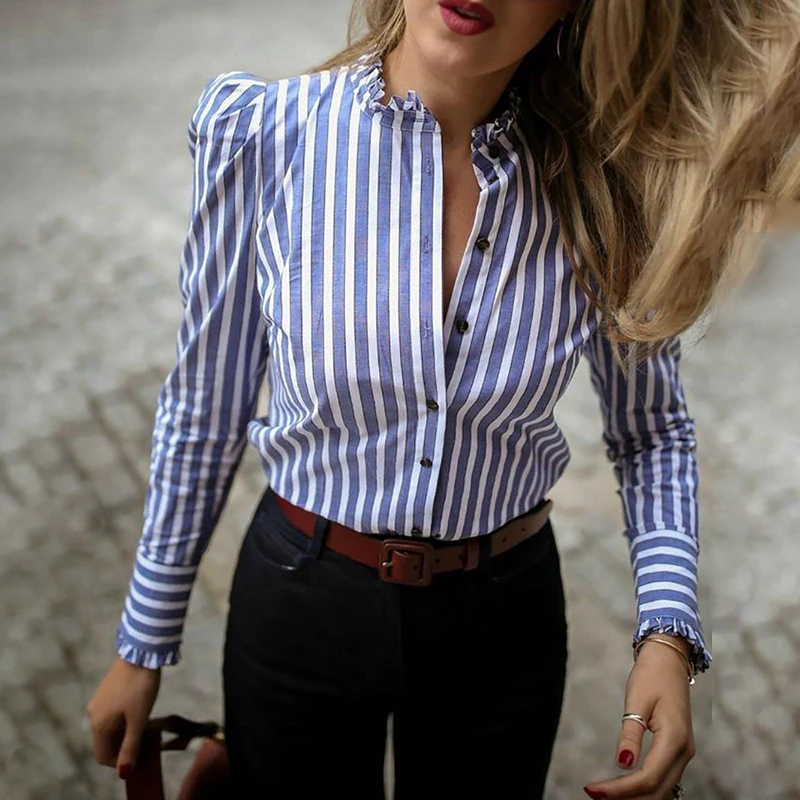 Blue Striped Puffed Sleeve Frill Hem Casual Blouse Shirt Blusas Mujer De Moda Streetwear Spring Fall Casual Loose Shirt Tops
Blue Striped Puffed Sleeve Frill Hem Casual Blouse Shirt Blusas Mujer De Moda Streetwear Spring Fall Casual Loose Shirt Tops