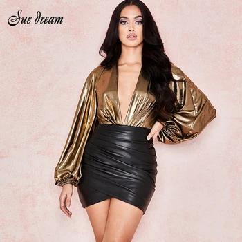 2020 New Women's Summer 2 Piece Two-Piece Set Long Sleeve Deep V-Neck Gold Top & Black PU Skirt Bodycon Clud Party Sets 
2020 New Women's Summer 2 Piece Two-Piece Set Long Sleeve Deep V-Neck Gold Top & Black PU Skirt Bodycon Clud Party Sets