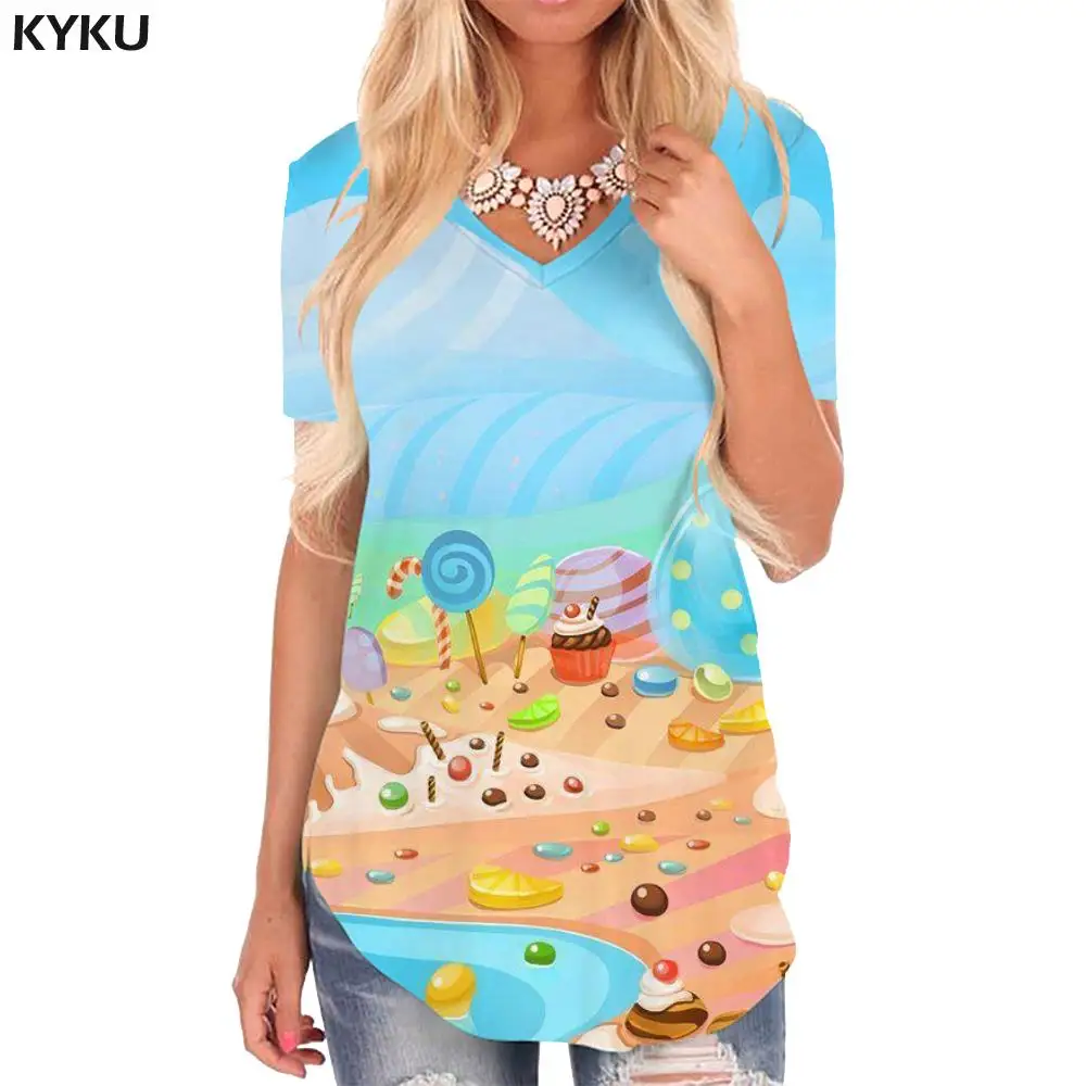 Фото Женская футболка с принтом мороженого KYKU разноцветная свободная V-образным