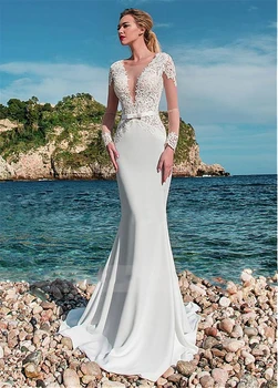 Sheer Scoop Mermaid Lace Long Sleeves Wedding Dresses Slim Fishtail Bridal Gowns 2020 Custom Online Beach 
Sheer Scoop Mermaid Lace Long Sleeves Wedding Dresses Slim Fishtail Bridal Gowns 2020 Custom Online Beach