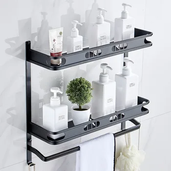 Bathroom Storage Rack Hole-Free Alumimum Black Multi-Function Double-Layer Bathroom Storage Rack Hardware Pendant 
Bathroom Storage Rack Hole-Free Alumimum Black Multi-Function Double-Layer Bathroom Storage Rack Hardware Pendant