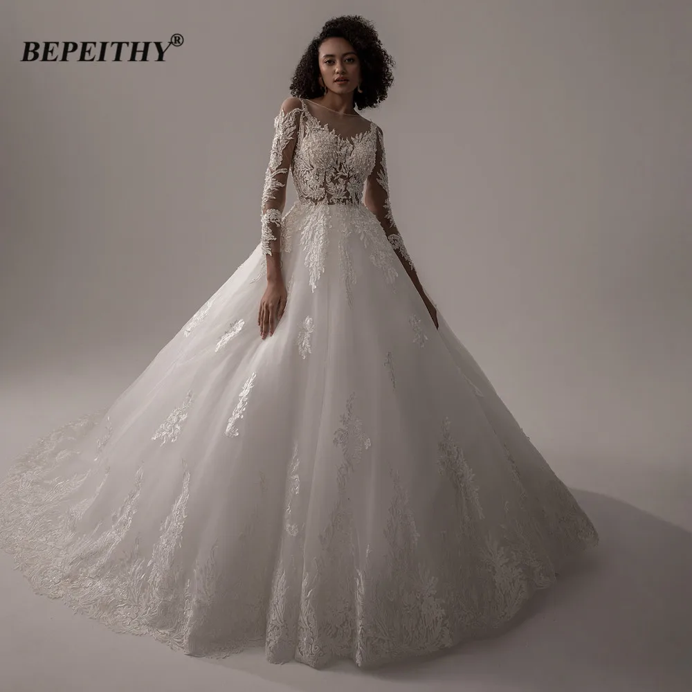 

BEPEITHY O Neck Long Sleeves Wedding Dress For Bride Court Train See Through Top Ivory Bridal Dubai Ball Gown Free Shipping