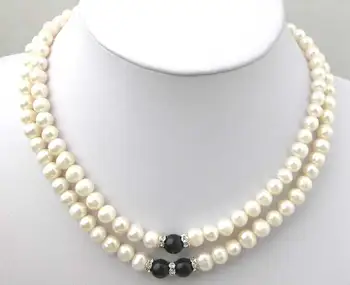 

Qingmos 6-7mm Round Natural FreshWater White Pearl Necklace for Women with 8mm Black Agate 2 Strands Chokers 17-19" Jewelry 1429