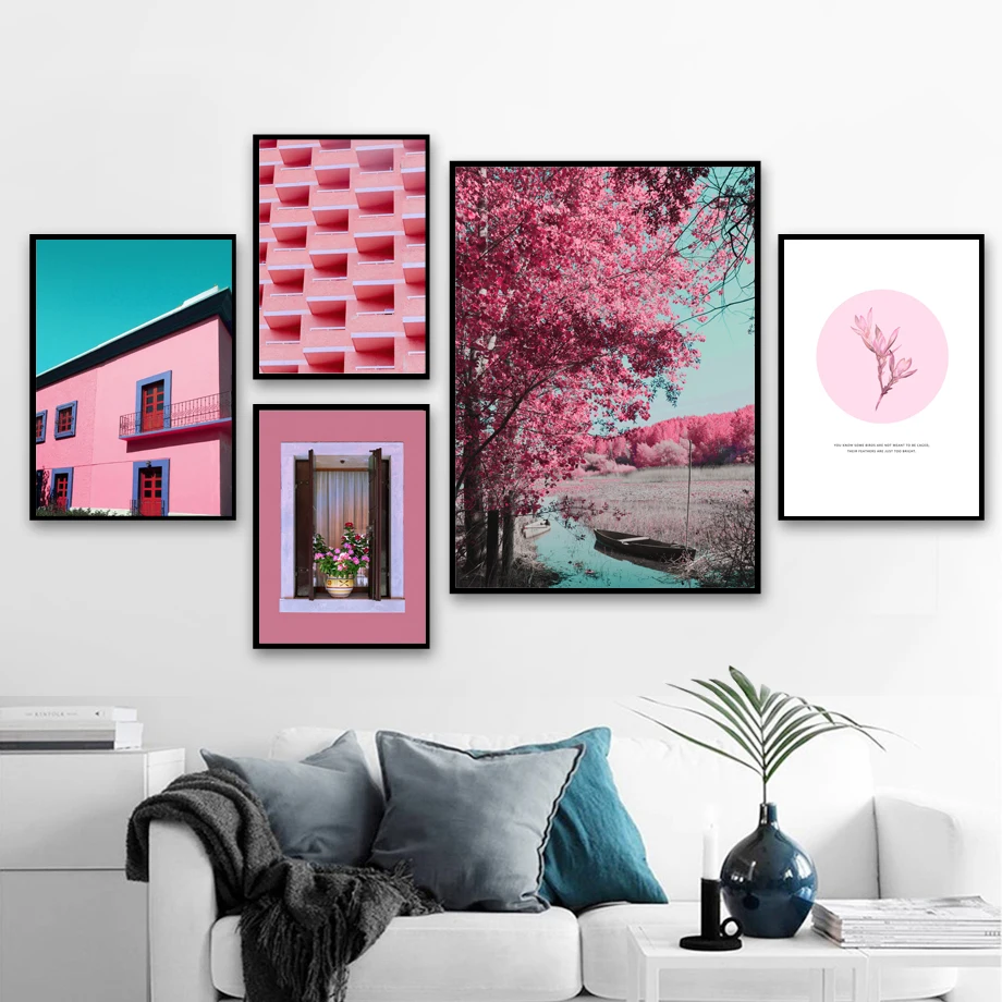 Waliicorners Wall Art Nordic Posters Pink Building Flower Tree Window Wall Pictures Home Decor 21 H45889d43a8c649f1a27554f1a19dd72d2