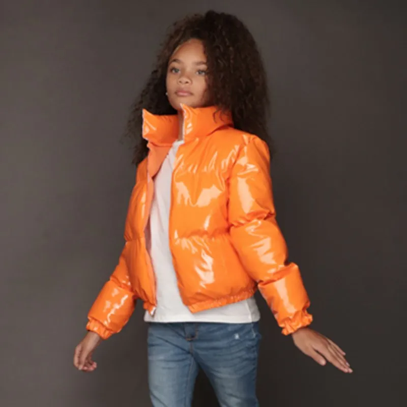 

2021 Girl Winter Short Clothes Bubble Stand-up Collar Coat Thick Warm Puffer Jacket Boys Children's Shiny Cotton Coat