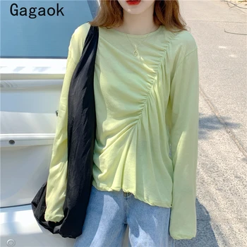 Gagaok Fashion Ladies T-shirt Western Pleated Irregular Round Neck Long Sun Tee Female Korean Spring Loose Solid Chic Pullover
Gagaok Fashion Ladies T-shirt Western Pleated Irregular Round Neck Long Sun Tee Female Korean Spring Loose Solid Chic Pullover