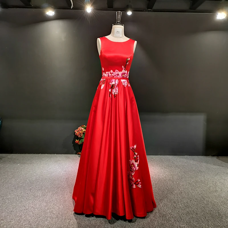 Rhine real Pictures red Satin with embroidery floor length arabic evening dresses long
Rhine real Pictures red Satin with embroidery floor length arabic evening dresses long