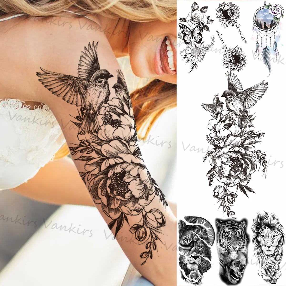 Black Birds Peony Temporary Tattoos For Women Girls Realistic Feather Lion Tiger Fake Tattoo Sticker Arm Leg Tatoos Forearm
Black Birds Peony Temporary Tattoos For Women Girls Realistic Feather Lion Tiger Fake Tattoo Sticker Arm Leg Tatoos Forearm