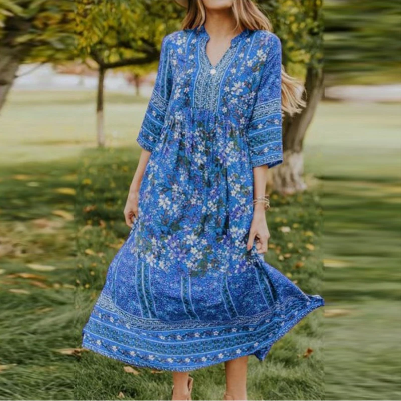 

New Maxi Dress Women Summer Boho Floral Dresses For Women Fashion Half Sleeve Party Beach Dress V Neck Loose Sundress Vestidos