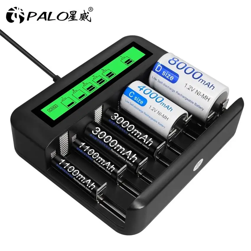 PALO 8 slots LCD Display Smart USB Battery Charger For 1.2V Nimh Nicd Type C D AA AAA Rechargeable Battery Fast Charge Device
PALO 8 slots LCD Display Smart USB Battery Charger For 1.2V Nimh Nicd Type C D AA AAA Rechargeable Battery Fast Charge Device