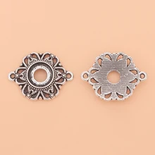 

30pcs Tibetan Silver Flower Connector Charms Hollow Blank 10mm Round Cabochon Setting for Bracelet Jewelry Making Accessories