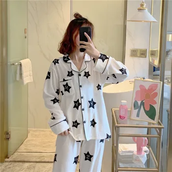Women 2PCS Cotton Pajamas Suit Turn-down Collar Shirt&Pant Sleepwear Star Print Nightwear Spring Autumn New Home Clothes
Women 2PCS Cotton Pajamas Suit Turn-down Collar Shirt&Pant Sleepwear Star Print Nightwear Spring Autumn New Home Clothes