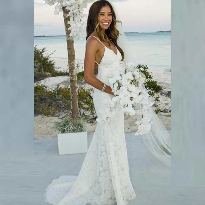 Summer Beach Mermaid Lace Backless Bridal Wedding Dresses Deep V Neckline Spaghetti Straps Wedding Gowns for Bride Sweep Train
Summer Beach Mermaid Lace Backless Bridal Wedding Dresses Deep V Neckline Spaghetti Straps Wedding Gowns for Bride Sweep Train