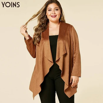 

YOINS Women Suede Coats Open Front Side Pocket With Zipper Asymmetrical Hem 2020 Autumn Winter Fashion Coat Loose Plus Size