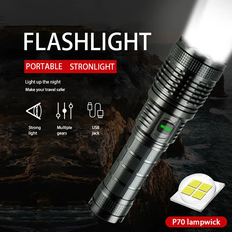 P70 Powerful Rechargeable LED Flashlight USB Rechargeable Tactical Hunting Lantern Camping Riding Walking Torch AS Power Bank
P70 Powerful Rechargeable LED Flashlight USB Rechargeable Tactical Hunting Lantern Camping Riding Walking Torch AS Power Bank