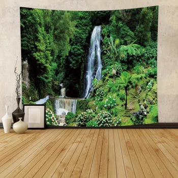 

Laeacco Tapestry 150x130cm Forest Waterfall Nature Green Leaves Refreshing Health Wall Hangings Room Restaurant Decor Wall Chart