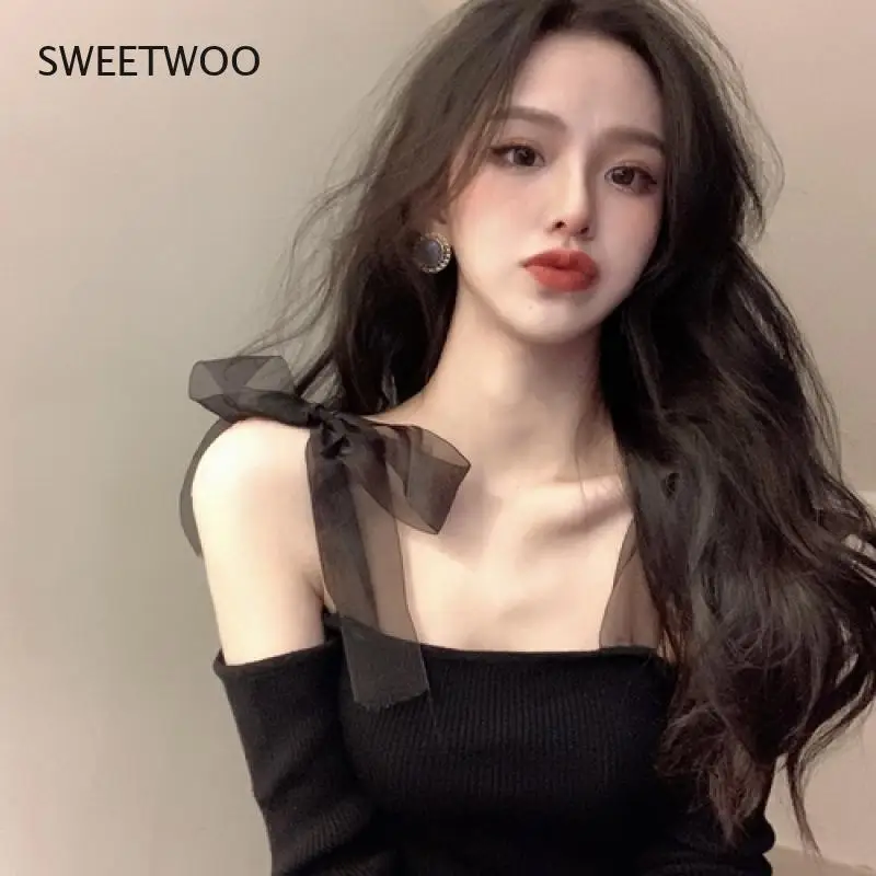 2021 Korean Girls New Knitted Tops Mesh Bow Tie Sexy Off Shoulder Black Pullovers Skinny Elegant Short Jumper Womens Clothes
2021 Korean Girls New Knitted Tops Mesh Bow Tie Sexy Off Shoulder Black Pullovers Skinny Elegant Short Jumper Womens Clothes