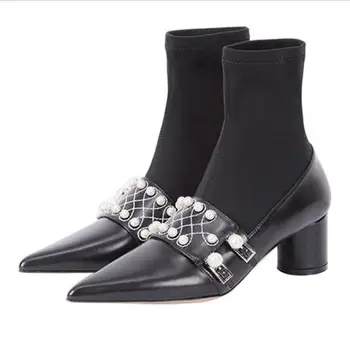 Beading Pearls Autumn Winter Stretch Sock Boots Women Chunky Heel Pointed Toe Leather Ankle Boots Square High Heels Shoes Female
Beading Pearls Autumn Winter Stretch Sock Boots Women Chunky Heel Pointed Toe Leather Ankle Boots Square High Heels Shoes Female