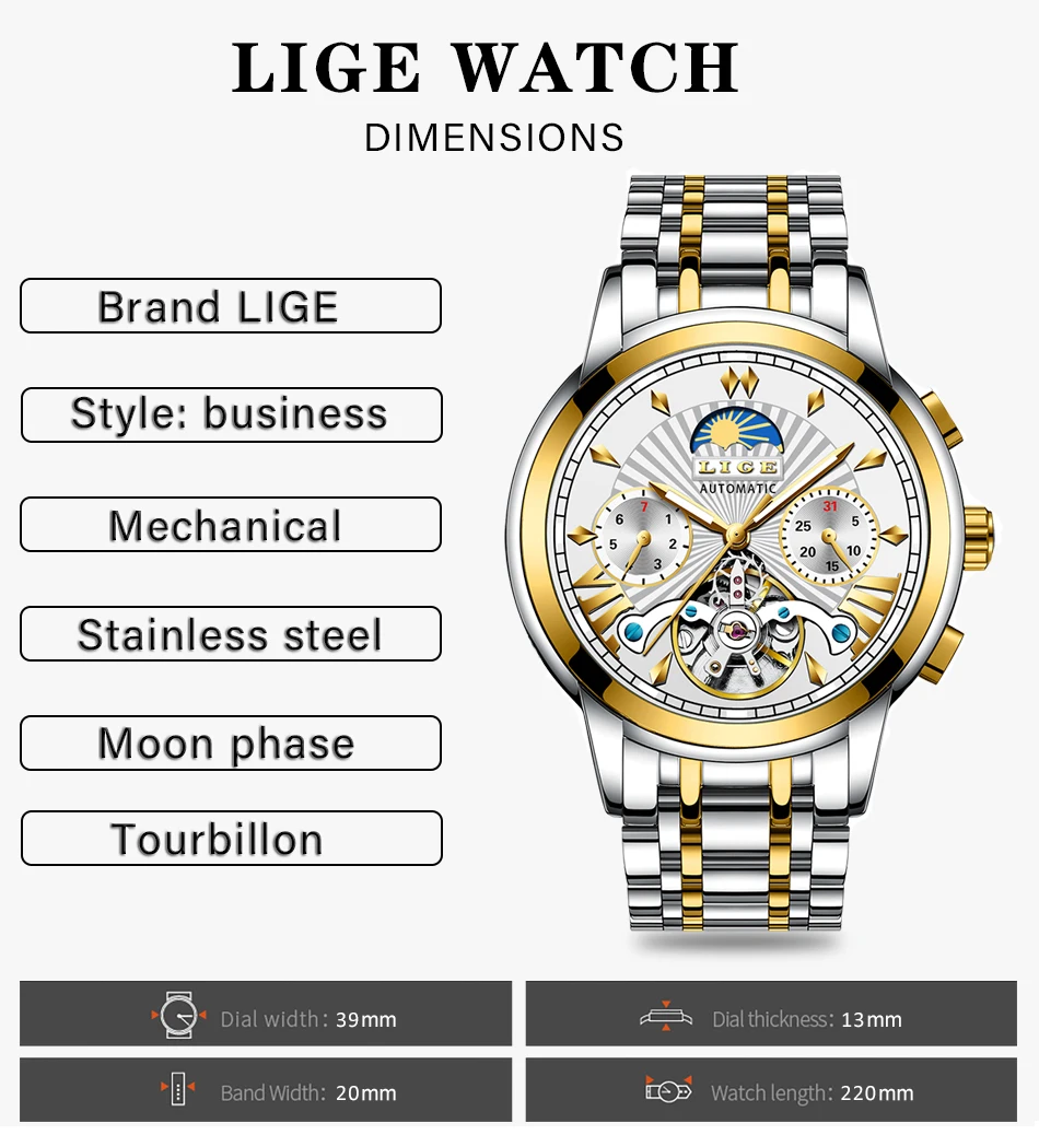 LIGE Официальный магазин мужские часы Лидирующий бренд Роскошные автоматические