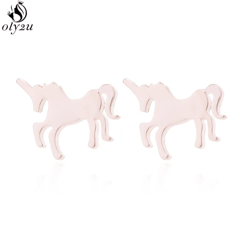 Oly2u Unique Charm Jewelry Cute Unicorn Earrings for Women Stainless Steel Animal Horse Stud Earrings oorbellen brinco