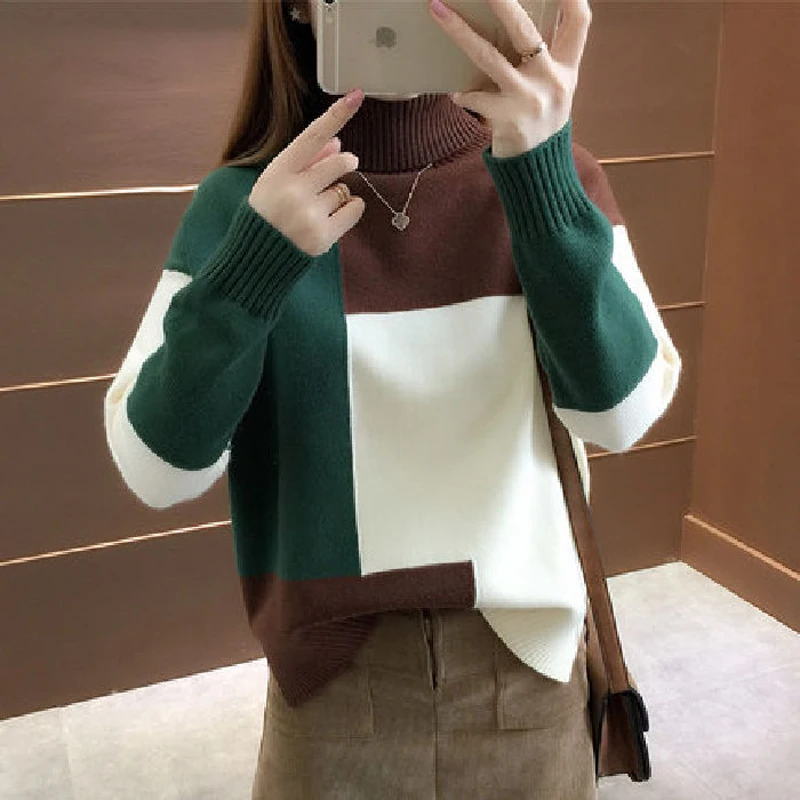 H45a90a0f11c64b6d951b72caadfd85d5o - Winter Korean Turtleneck Long Sleeves Patchwork Thick Sweater