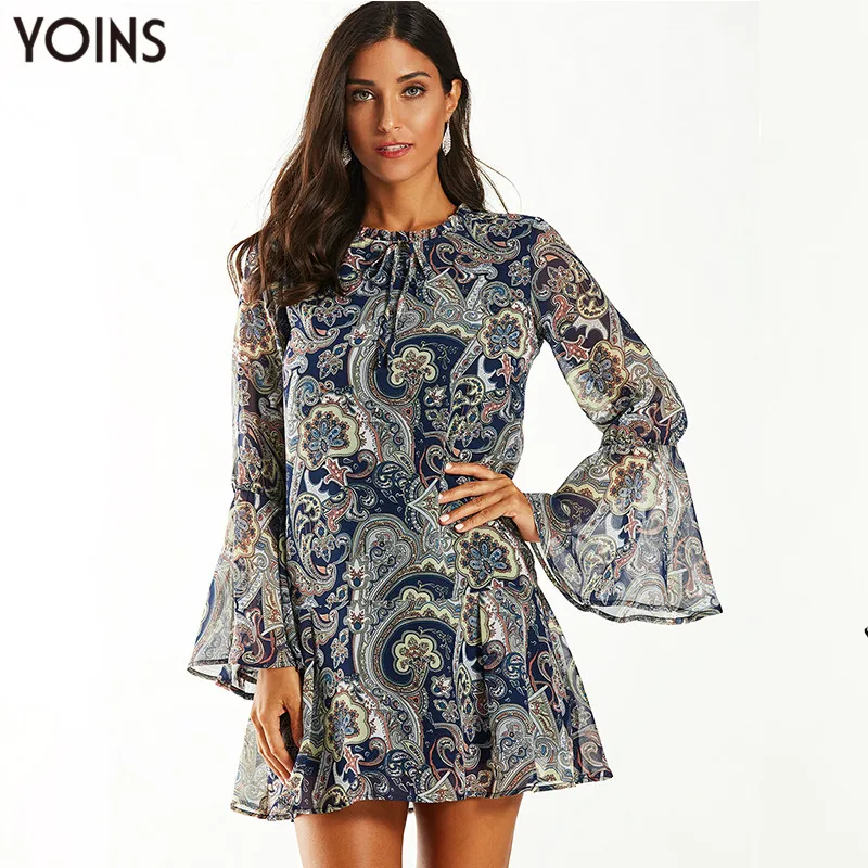 

2019 YOINS Women Dress Autumn Winter Vintage Floral Print Flared Long Sleeves Mini Dresses Party Sexy Vestidos Sundress Tunic