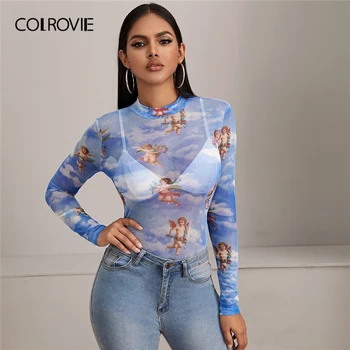 COLROVIE Blue Angel Print Sheer Mesh Top Without Bra Women Stand Collar Slim Fit Tees 2020 Spring Ladies Sexy Tshirts
COLROVIE Blue Angel Print Sheer Mesh Top Without Bra Women Stand Collar Slim Fit Tees 2020 Spring Ladies Sexy Tshirts