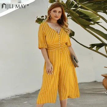 JLI MAY Striped Bohemian Jumpsuit V-Neck Botton Haif Lantern Sleeve High Waist Cropped Pants Slim Women Causal Summer Bodysuit
JLI MAY Striped Bohemian Jumpsuit V-Neck Botton Haif Lantern Sleeve High Waist Cropped Pants Slim Women Causal Summer Bodysuit
