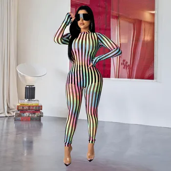2020 Sexy Women's Mesh Stitching Perspective Colorful Stripes Long-sleeved Bodycon Women's Party Jumpsuit Combishort Femme Ete 
2020 Sexy Women's Mesh Stitching Perspective Colorful Stripes Long-sleeved Bodycon Women's Party Jumpsuit Combishort Femme Ete