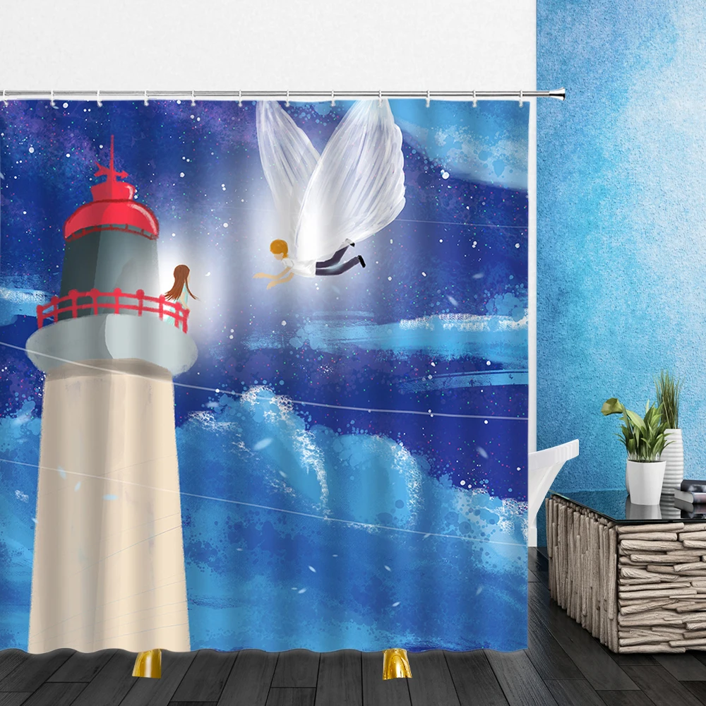 

Cartoons Dream Landscape Shower Curtains Lighthouse Star Whale 3D Print Bathroom Home Decor Waterproof Polyester Cloth Curtain