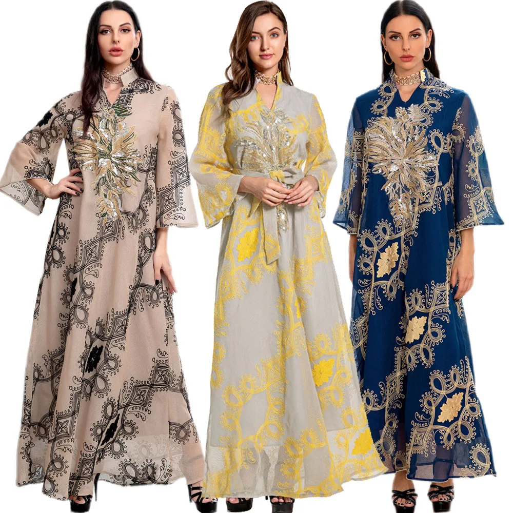 

Dubai Kaftan Muslim Women Sequins Embroidery Long Dress Arabic Abaya Islam Clothing Middle East Ramadan Party Evening Robe Gown