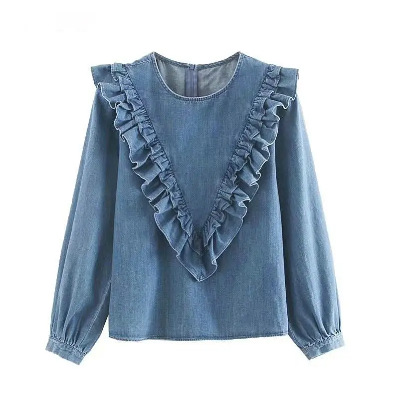 2019 New Women Denim Vintage Ruffled Shirts Casual O Neck Long Sleeve Shirts Fall Chic Female Loose Blouse 
2019 New Women Denim Vintage Ruffled Shirts Casual O Neck Long Sleeve Shirts Fall Chic Female Loose Blouse