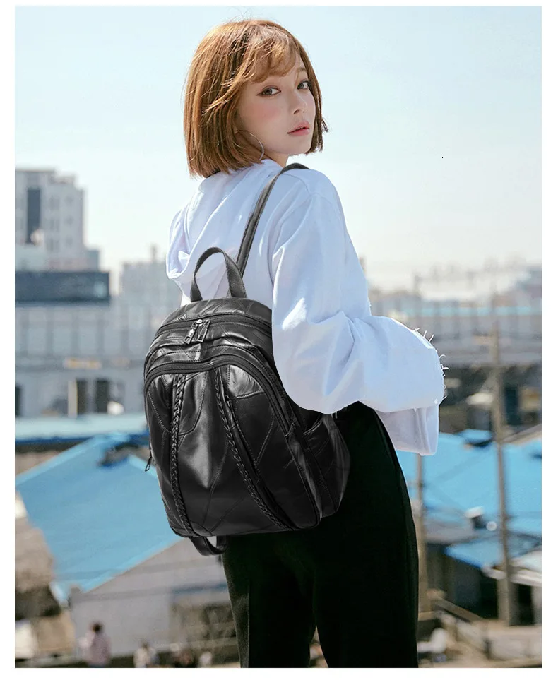 Genuine Leather Sheepskin Backpacks Female Both Shoulders Backpack Rucksack Large Capacity Travel Preppy Style Women Bags