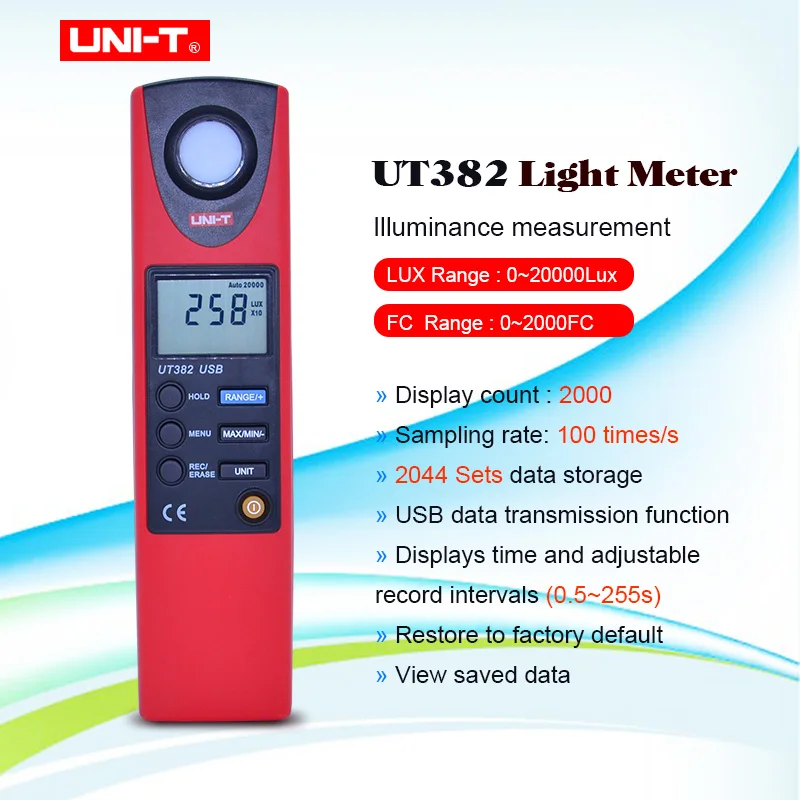 

UNI-T UT382 Luxmeter Digital Light Meter 20-20000 Lux Lumen Digital Illuminometer USB Transfer
