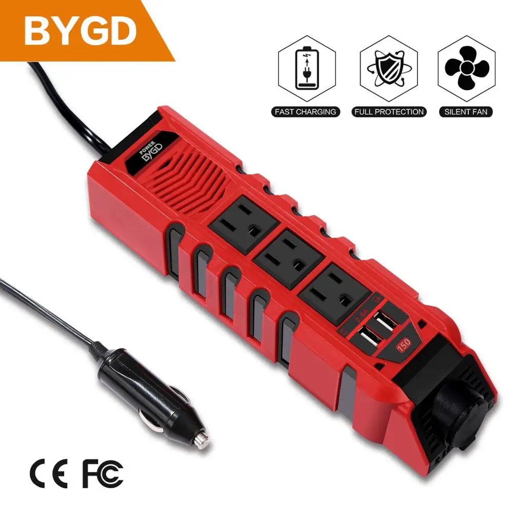 BYGD 150W Car Inverter DC 12V to 220V/110V AC Power Converter with 3 Charger Outlets and Dual 2.4A USB Ports Cigarette Lighter
BYGD 150W Car Inverter DC 12V to 220V/110V AC Power Converter with 3 Charger Outlets and Dual 2.4A USB Ports Cigarette Lighter