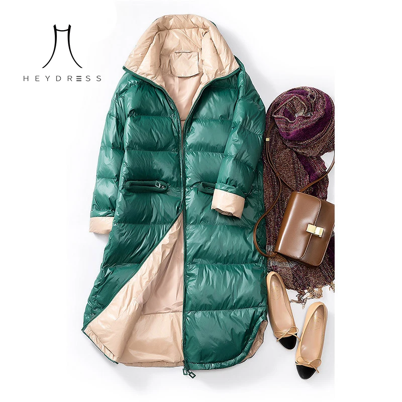 Женская куртка на утином пуху Heydress зеленая легкая приталенная длинная парка