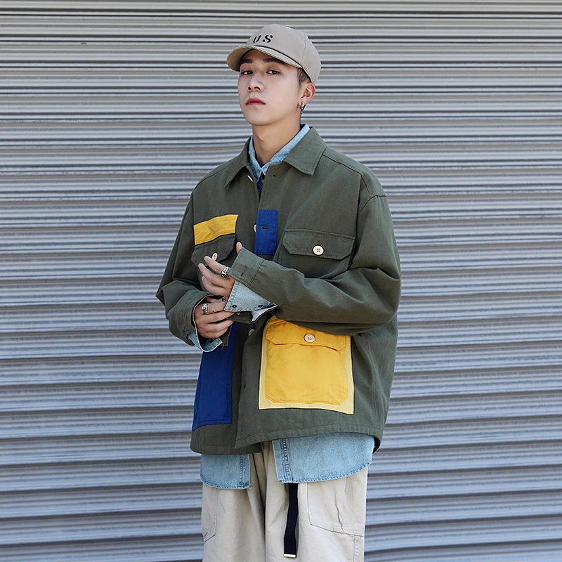 Mens Autumn Harajuku Cargo Jacket Plus Size Japanese Fashion Patchwork Jackets Shirt for Teens Button Up Hiking Coat Streetwear 
Mens Autumn Harajuku Cargo Jacket Plus Size Japanese Fashion Patchwork Jackets Shirt for Teens Button Up Hiking Coat Streetwear