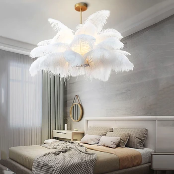 

Nordic LD Pendant Lights Natural Ostrich Feather LOFT LED Pendant Lamp Bedroom Living Room Restaurant Lighting Deco Hanging Lamp