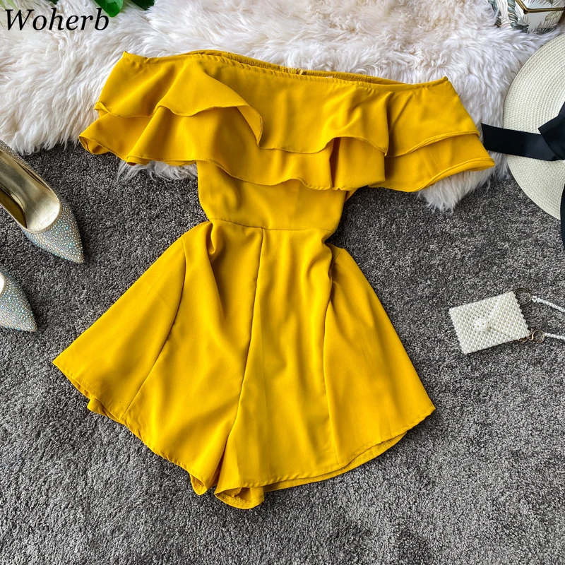 Woherb Ruffle Off Shoulder Playsuit Women Casual Slim Waist Wide Leg Short Jumpsuit Vintage Solid Rompers Womens Jumpsuit 2020
Woherb Ruffle Off Shoulder Playsuit Women Casual Slim Waist Wide Leg Short Jumpsuit Vintage Solid Rompers Womens Jumpsuit 2020