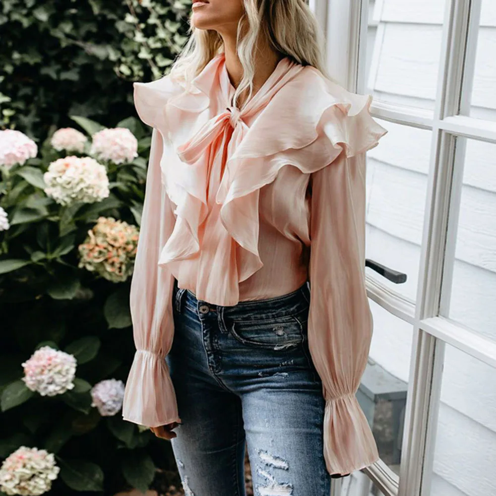 Spring 2020 New Sweet Female Pink Blouse Women's Solid Color Ruffle Stitching Long Sleeve Shirts Office Ladies Business Blouse
Spring 2020 New Sweet Female Pink Blouse Women's Solid Color Ruffle Stitching Long Sleeve Shirts Office Ladies Business Blouse
