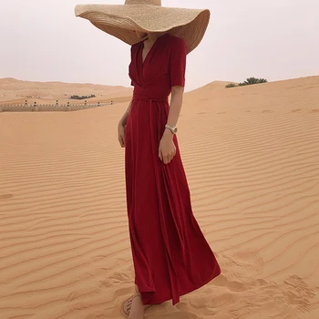 Elegant Stain Women Long Dress Vintage V-neck Bandage Slim Female Short Sleeve Party Evening Vestidos Casual Ladies Maxi Dress 
Elegant Stain Women Long Dress Vintage V-neck Bandage Slim Female Short Sleeve Party Evening Vestidos Casual Ladies Maxi Dress