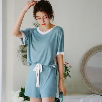 Loungewear 100% Cotton Women's Pajamas Set Korean Fashion Bow Short Sleeve Tops+ Shorts Homewear Suit Summer Sleepwear Female
Loungewear 100% Cotton Women's Pajamas Set Korean Fashion Bow Short Sleeve Tops+ Shorts Homewear Suit Summer Sleepwear Female