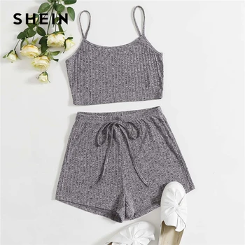 

SHEIN Grey Rib-knit Crop Cami Top and Knot Detail Wide Leg Shorts Set 2 Piece Set Women Summer Casual Solid Two Piece Set