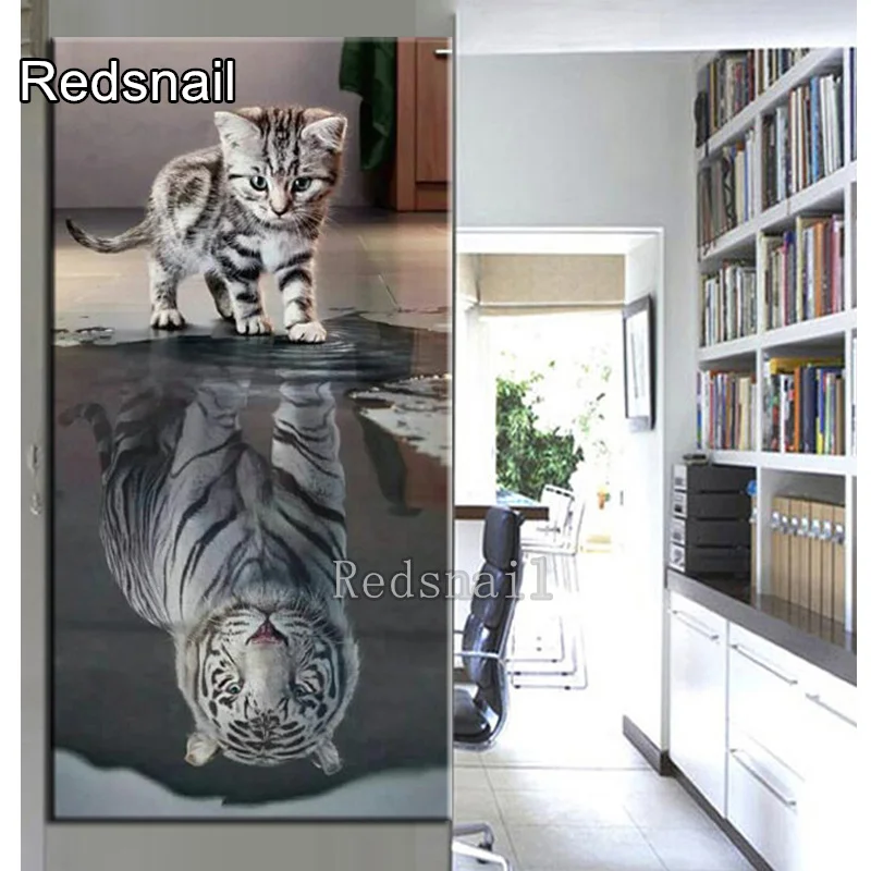 Фото Кот и тигр отражение Алмазная картина вышивка крестиком 3d полная круглая дрель