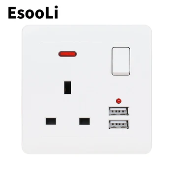 EsooLi White Wall Power Socket 13A UK Standard Switched Outlet 2.1A Dual USB Fast Charger Port LED indicator Curved surface
EsooLi White Wall Power Socket 13A UK Standard Switched Outlet 2.1A Dual USB Fast Charger Port LED indicator Curved surface